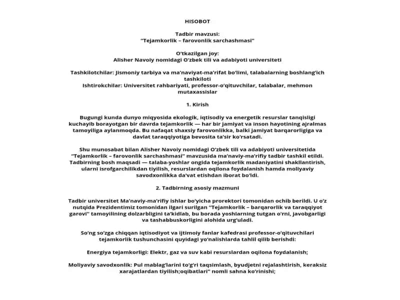 Tejamkorlik - farovonlik sarchashmasi