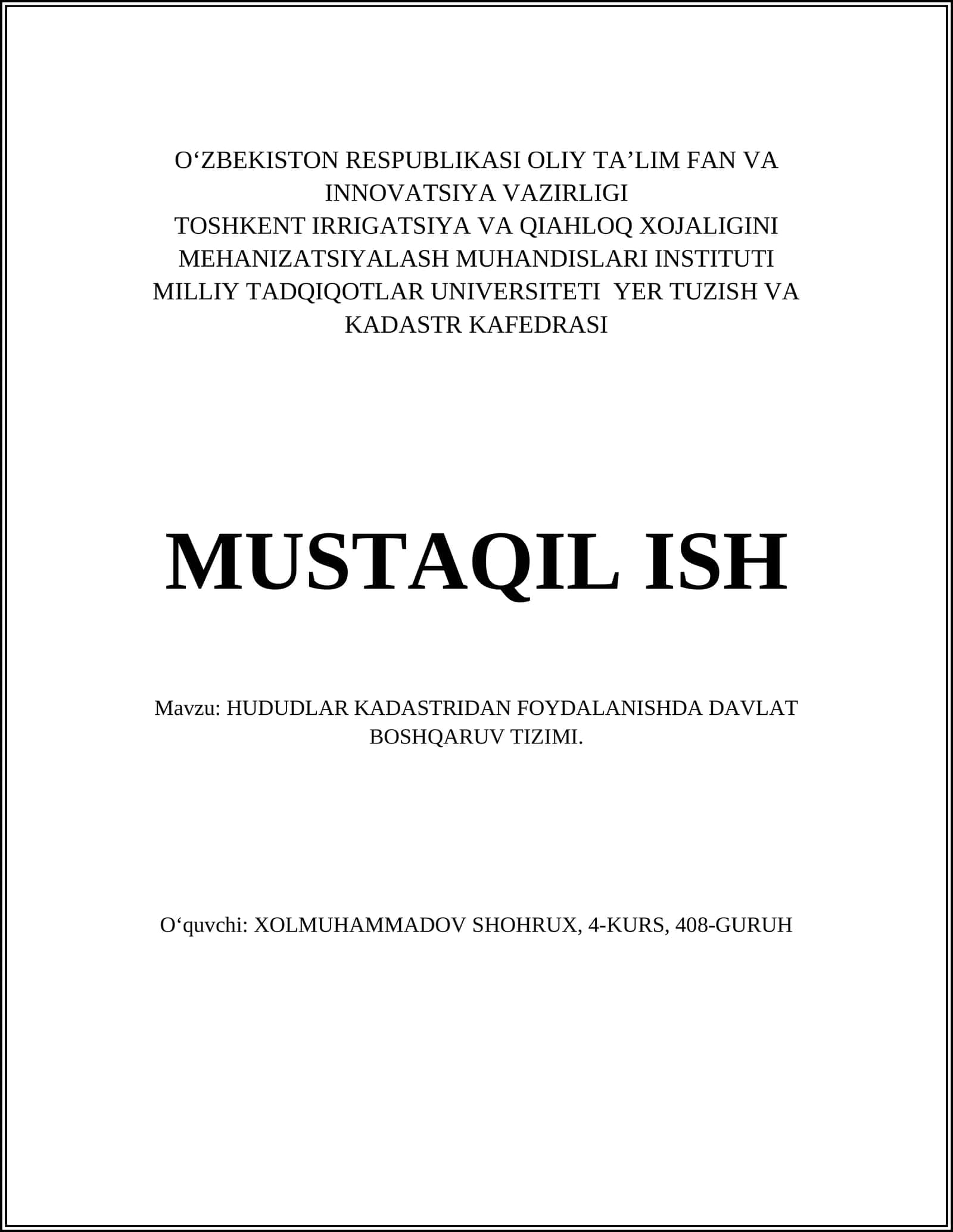 HUDUDLAR KADASTRIDAN FOYDALANISHDA DAVLAT BOSHQARUV TIZIMI