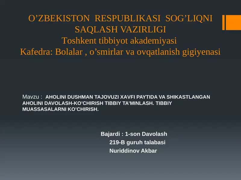 AHOLINI DUSHMАN TAJOVUZI ХАVFI PAYTIDA VA SHIKASTLANGAN AHOLINI DAVOLASH-KO’CHIRISH TIBBIY TA’MINLASH.TIBBIY MUASSASALARNI KO’CHIRISH.