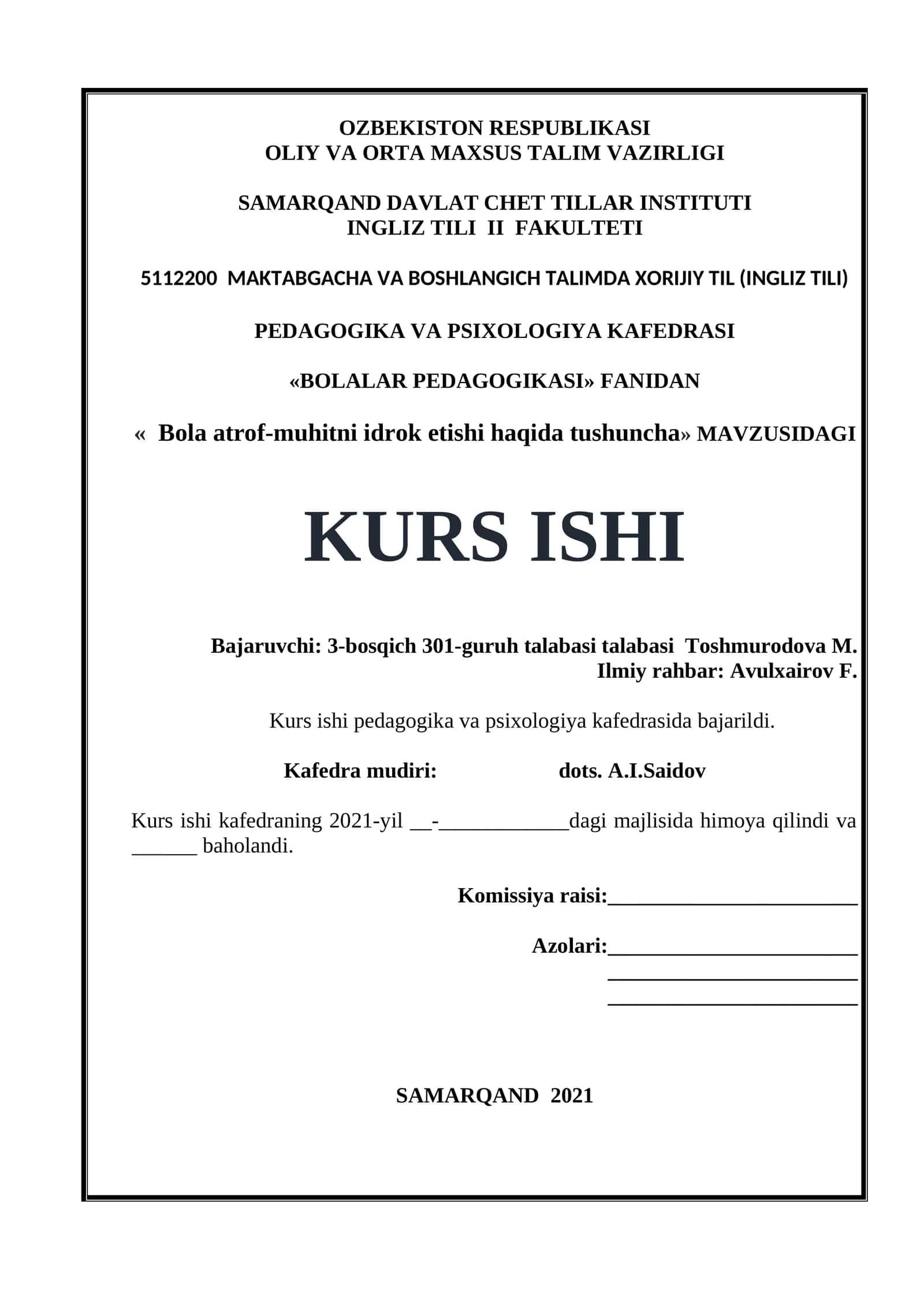 Bola atrof-muhitni idrok etishi haqida tushuncha