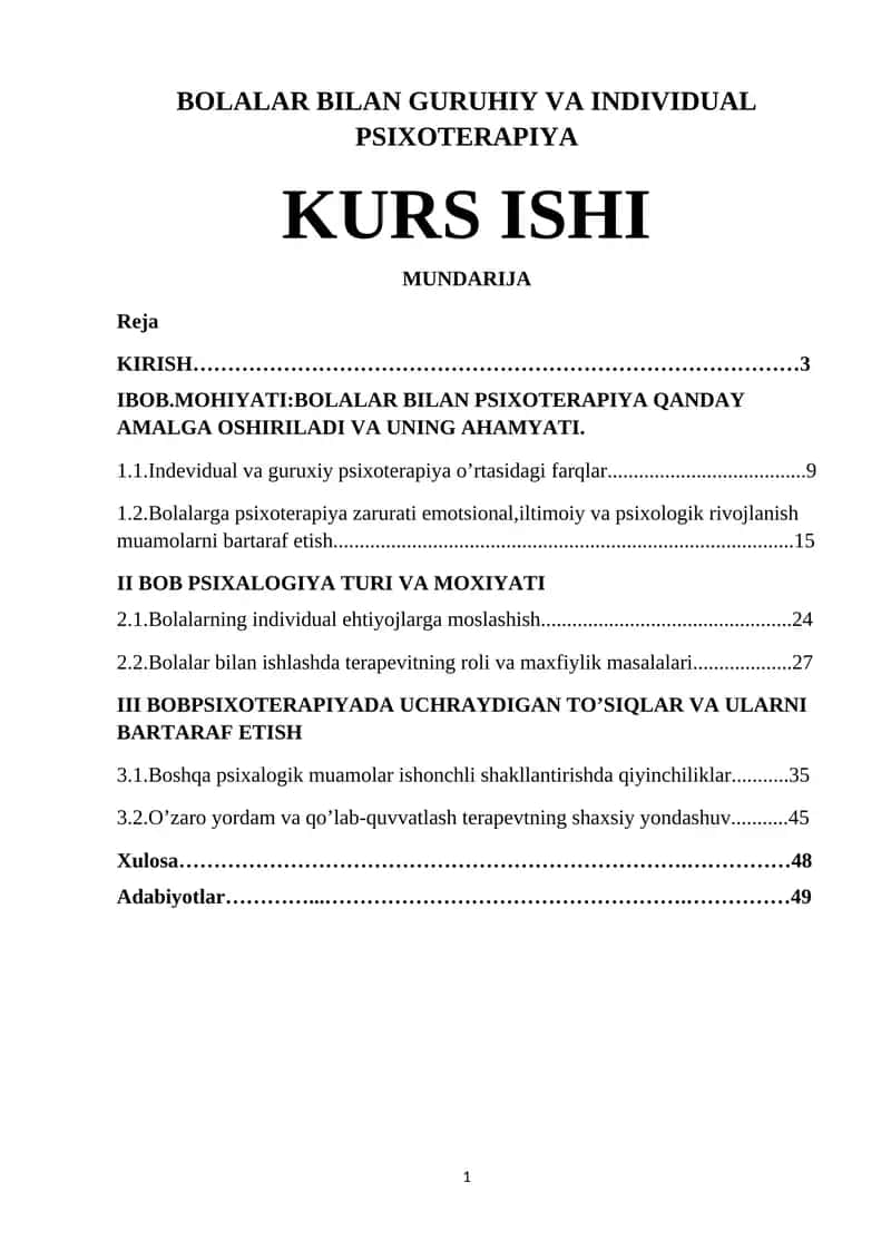 BOLALAR BILAN GURUHIY VA INDIVIDUAL PSIXOTERAPIYA