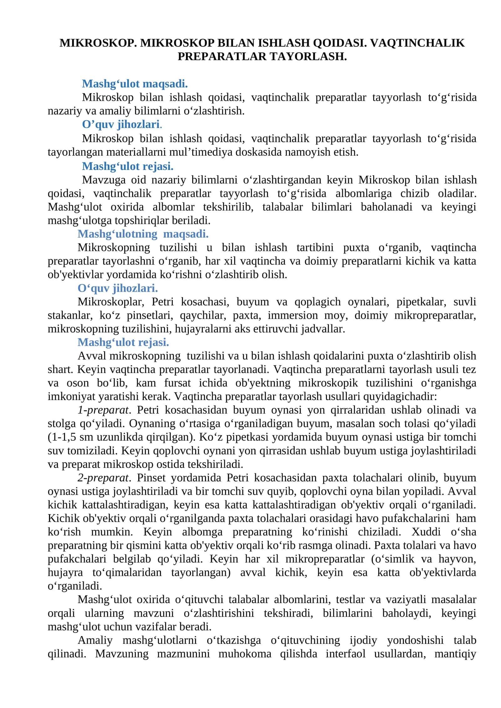 MIKROSKOP. MIKROSKOP BILAN ISHLASH QOIDASI. VAQTINCHALIK PREPARATLAR TAYORLASH