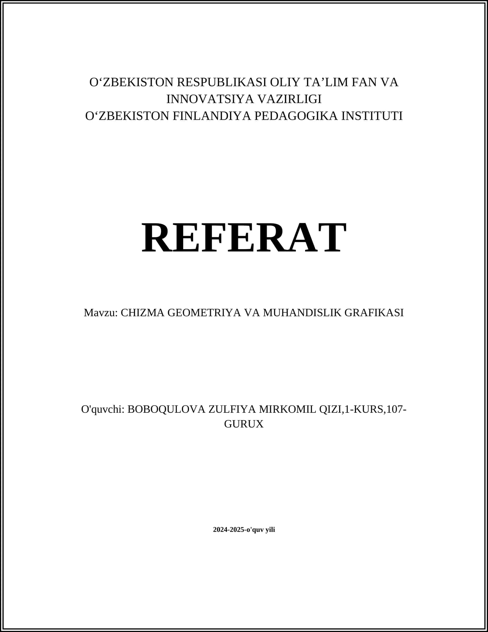 CHIZMA GEOMETRIYA VA MUHANDISLIK GRAFIKASI