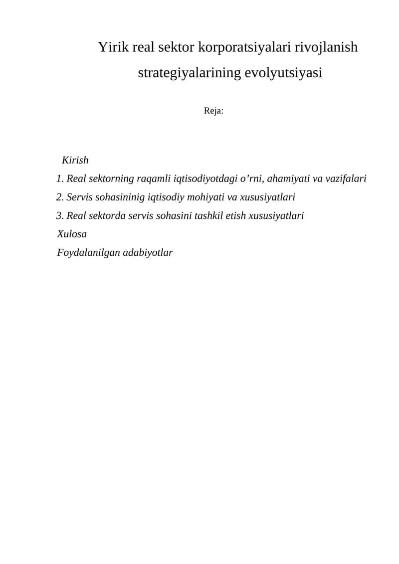 Yirik real sektor korporatsiyalari rivojlanish strategiyalari
