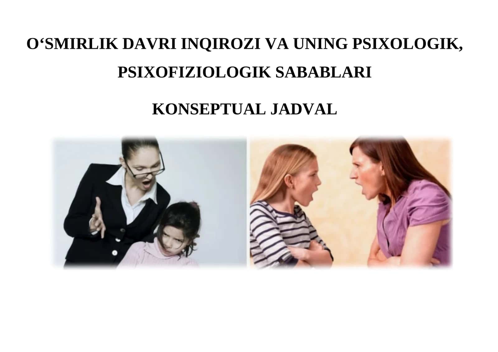 O‘SMIRLIK DAVRI INQIROZI VA UNING PSIXOLOGIK, PSIXOFIZIOLOGIK SABABLARI KONSEPTUAL JADVAL