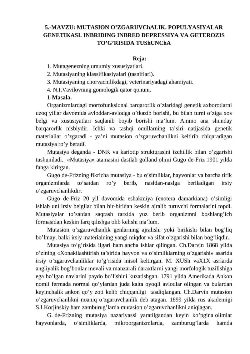 Mutasion O'zgaruvchanlik. Populyatsiyalar Genetikasi