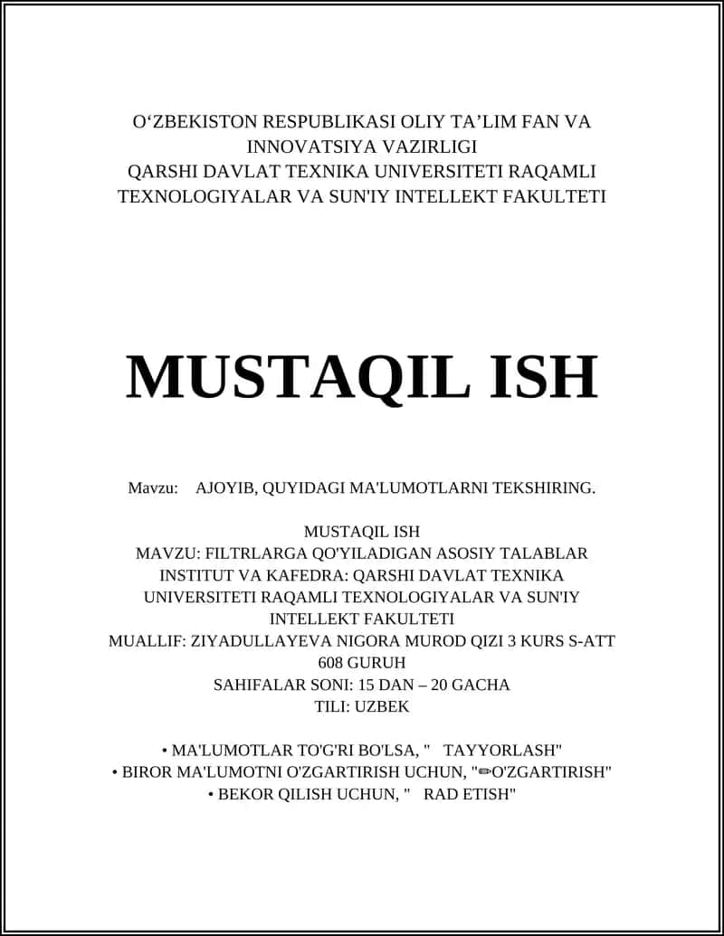 FILTRLARGA QO'YILADIGAN ASOSIY TALABLAR