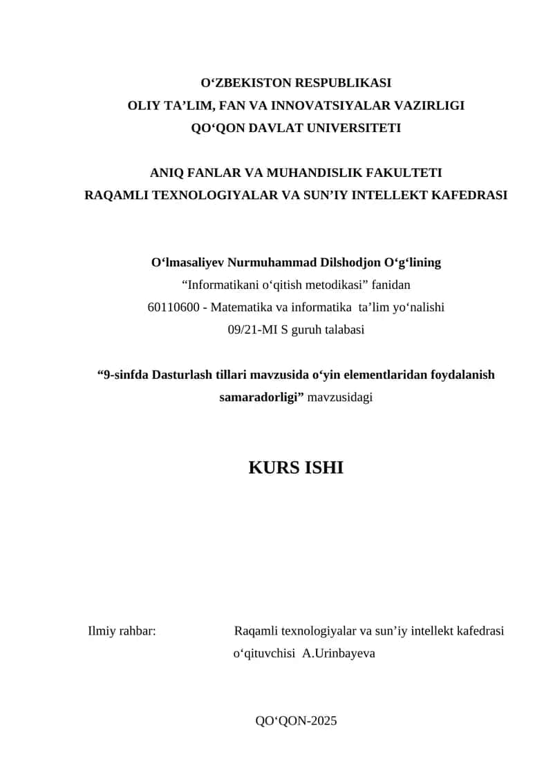9-sinfda Dasturlash tillari mavzusida o‘yin elementlaridan foydalanish samaradorligi