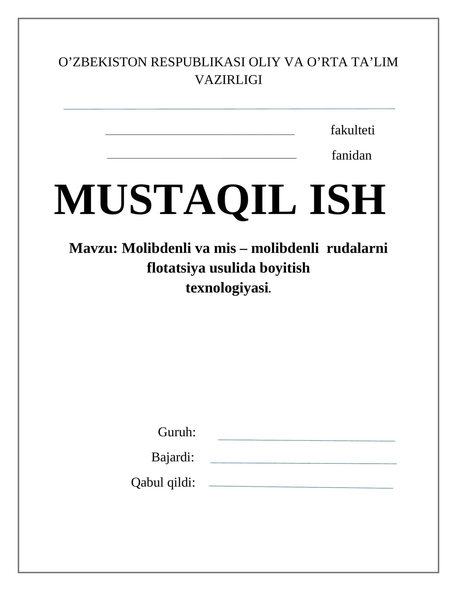 Mоlibdеnli va mis – mоlibdеnli rudalarni flоtаtsiya usulidа boyitish tехnоlоgiyasi.