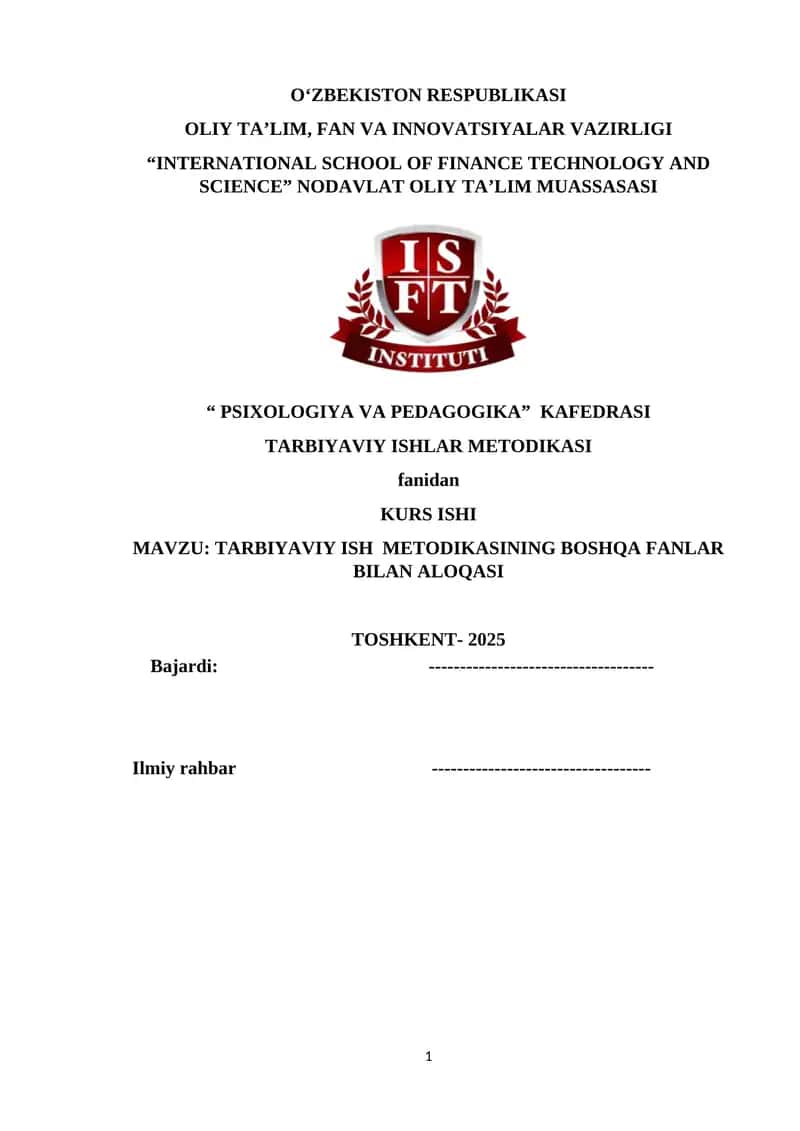 TARBIYAVIY ISH METODIKASINING BOSHQA FANLAR BILAN ALOQASI