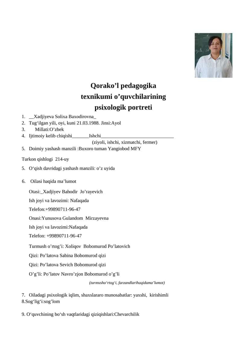 Qorako’l pedagogika texnikumi o’quvchilarining psixologik portreti
