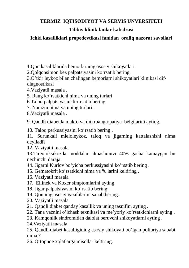 Ichki kasalliklari propedevtikasi fanidan oraliq nazorat savollari