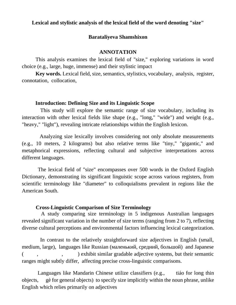 Lexical and stylistic analysis of the lexical field of the word denoting "size"