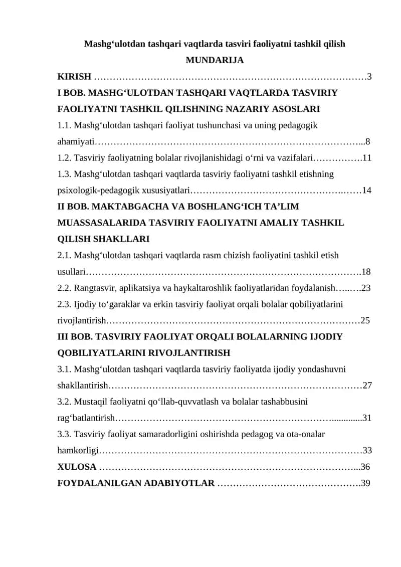 Mashgʻulotdan tashqari vaqtlarda tasviri faoliyatni tashkil qilish