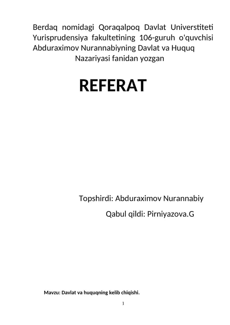 Davlat va Huquq Nazariyasi REFERAT