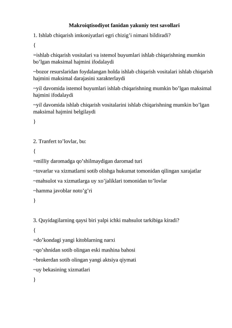 Makroiqtisodiyot fanidan yakuniy test savollari