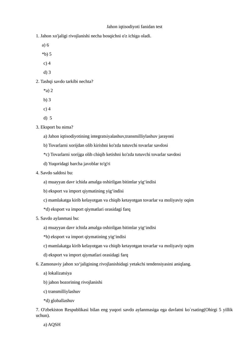 Jahon iqtisodiyoti fanidan test