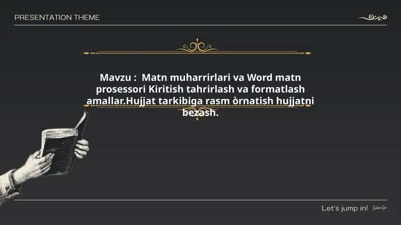 : Matn muharrirlari va Word matn prosessori Kiritish tahrirlash va formatlash amallar.Hujjat tarkibiga rasm òrnatish hujjatni bezash