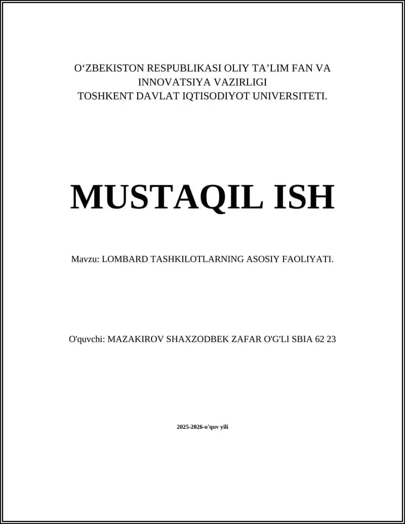 LOMBARD TASHKILOTLARNING ASOSIY FAOLIYATI