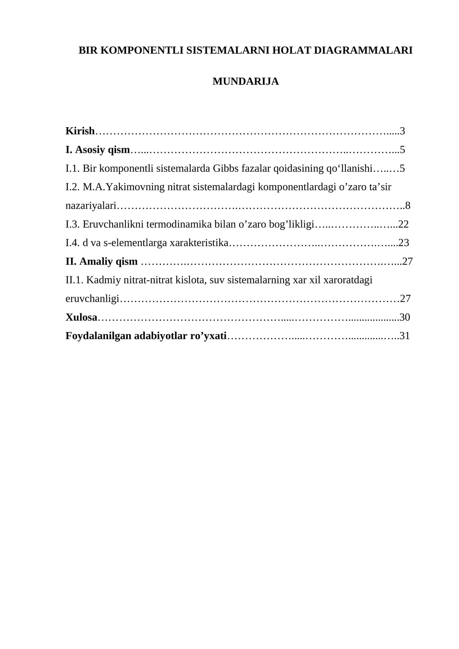 BIR KOMPONENTLI SISTEMALARNI HOLAT DIAGRAMMALARI