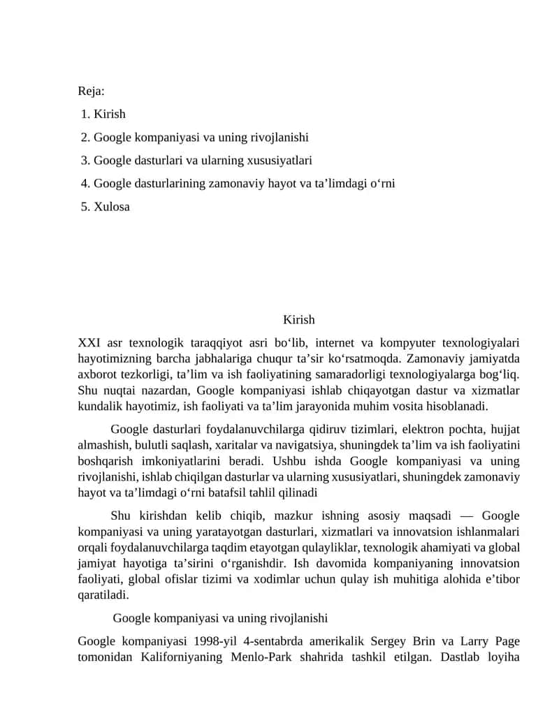 Google dasturlari va ularning xususiyatlari