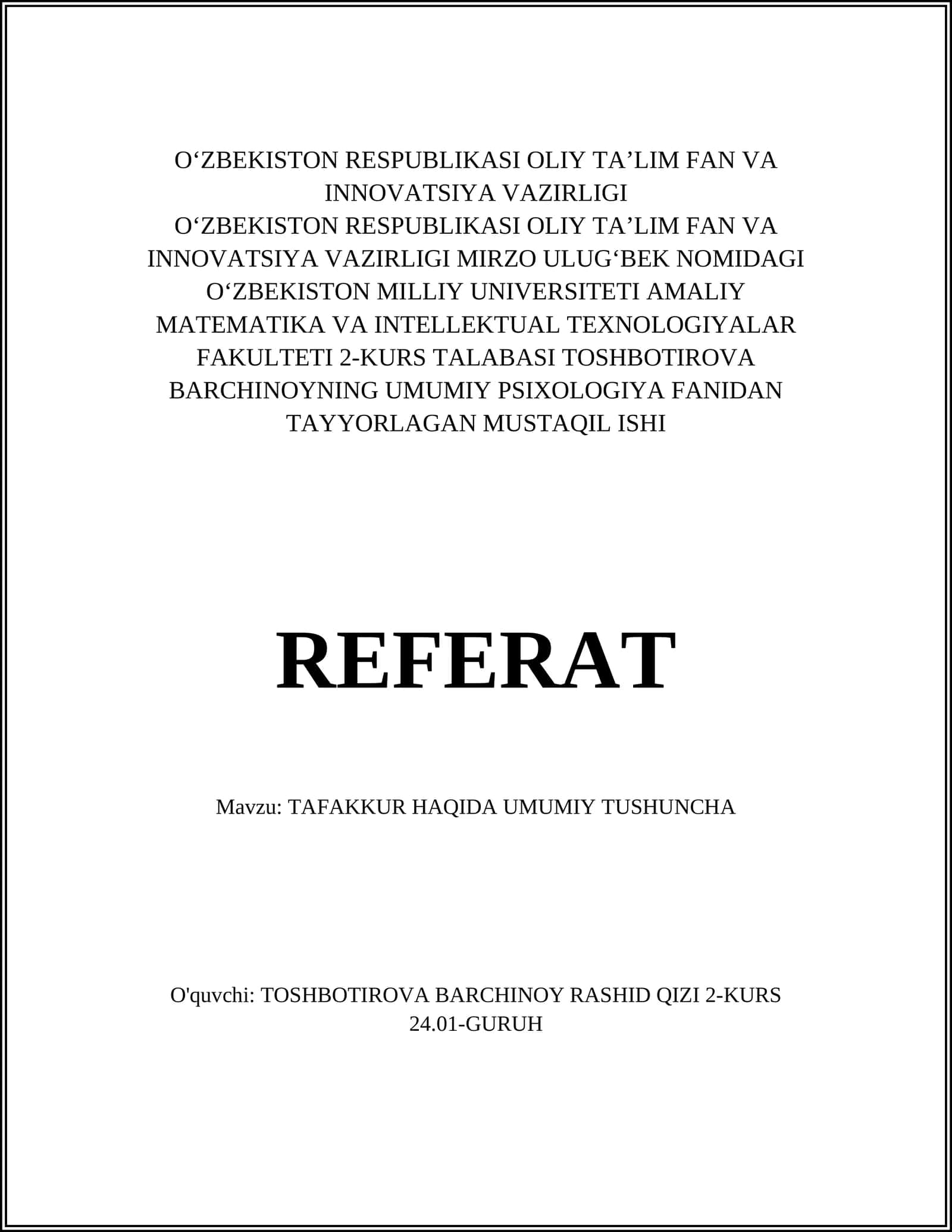 TAFAKKUR HAQIDA UMUMIY TUSHUNCHA