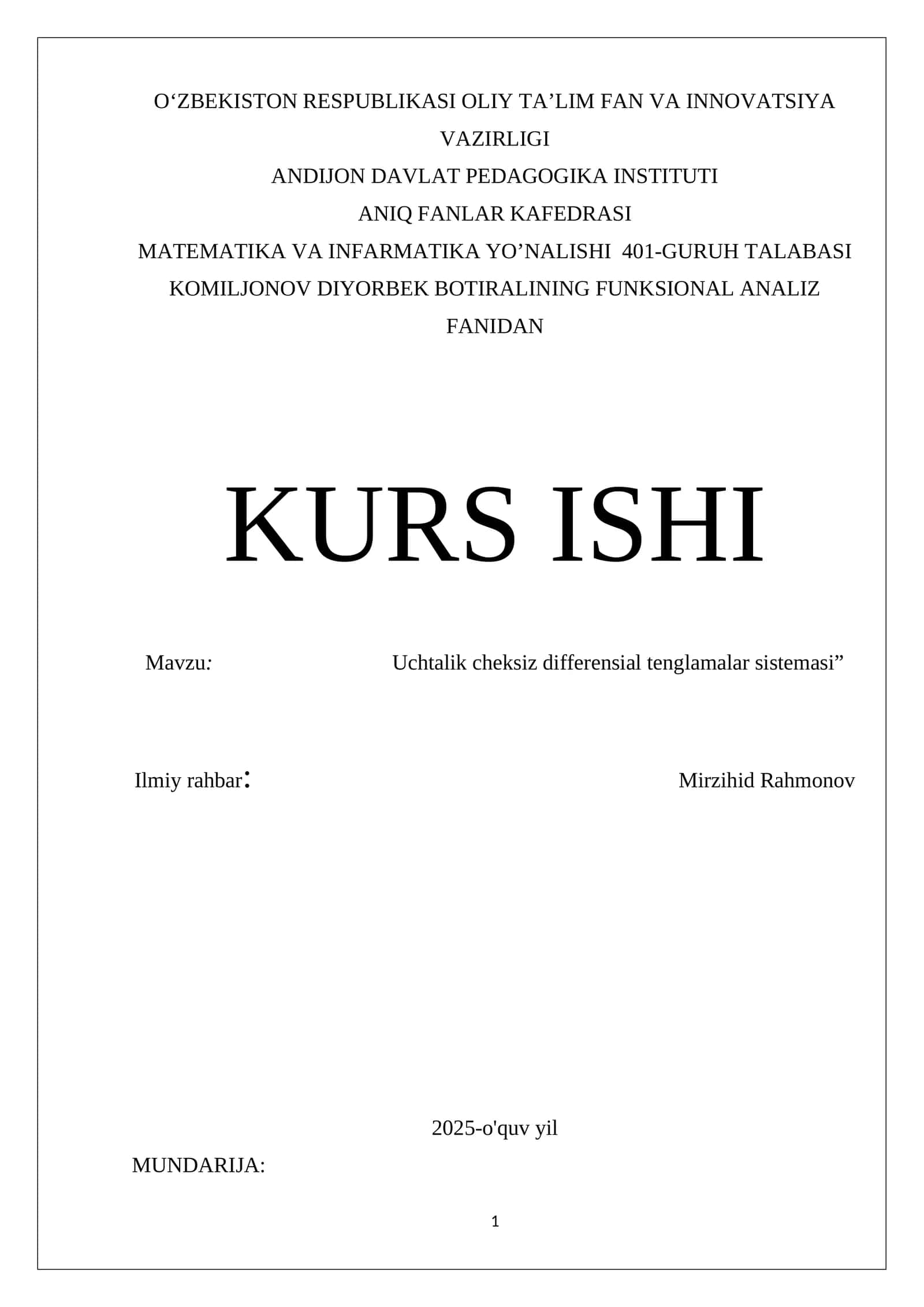 Uchtalik cheksiz differensial tenglamalar sistemasi