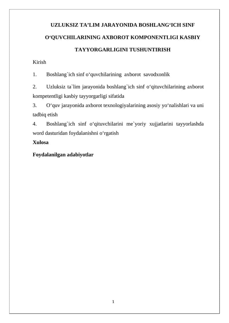 Boshlang'ich sinf oʻquvchilarining axborot komponentligi kasbiy tayyorgarligi