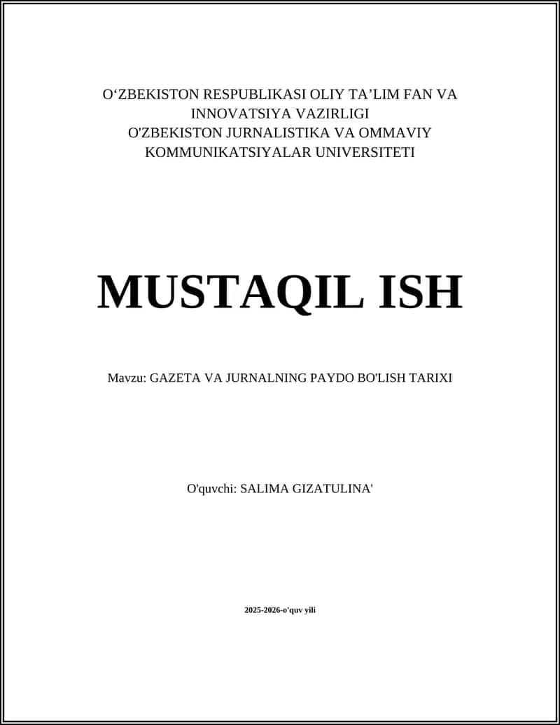 GAZETA VA JURNALNING PAYDO BO'LISH TARIXI