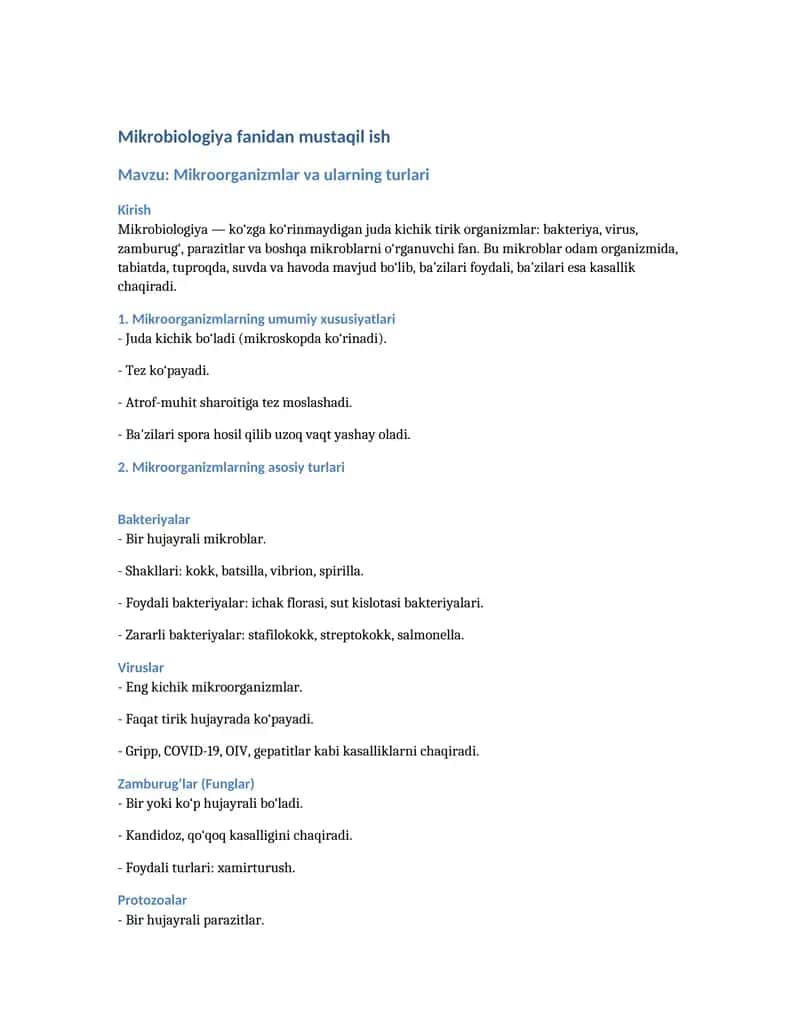 Mikrobiologiya fanidan mustaqil ish