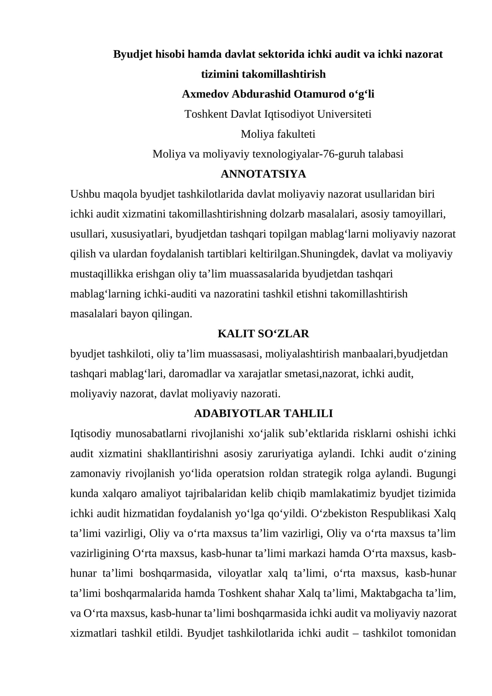 Byudjet hisobi hamda davlat sektorida ichki audit va ichki nazorat tizimini takomillashtirish