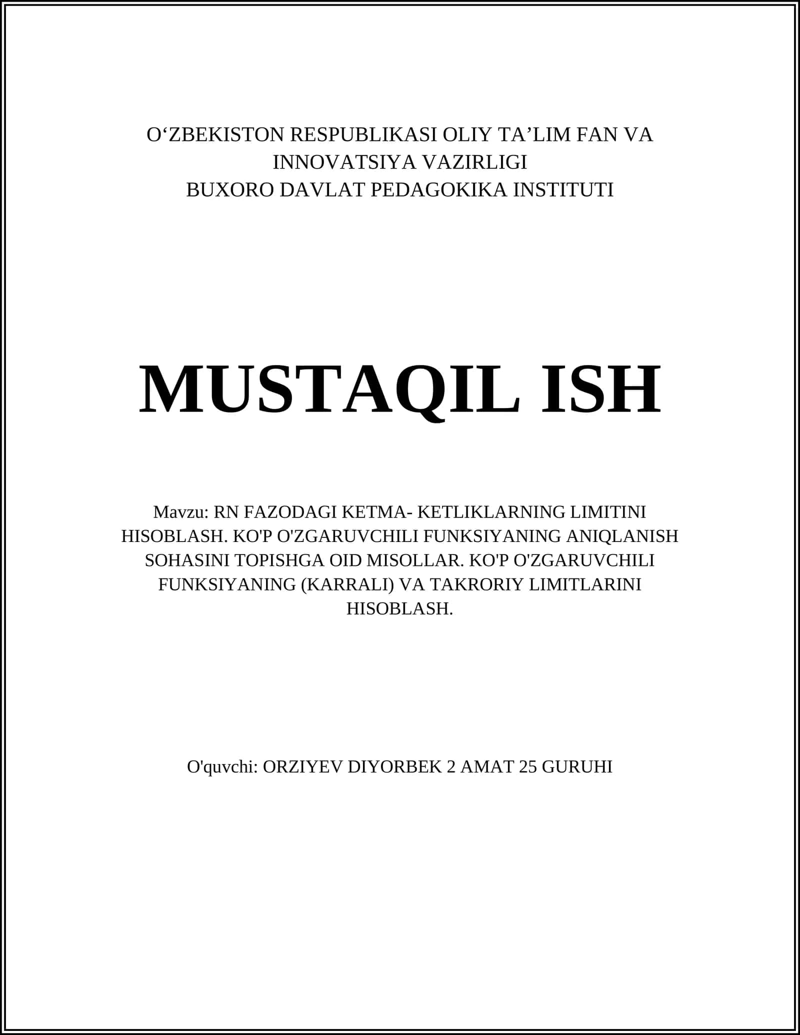 RN FAZODAGI KETMA- KETLIKLARNING LIMITINI HISOBLASH