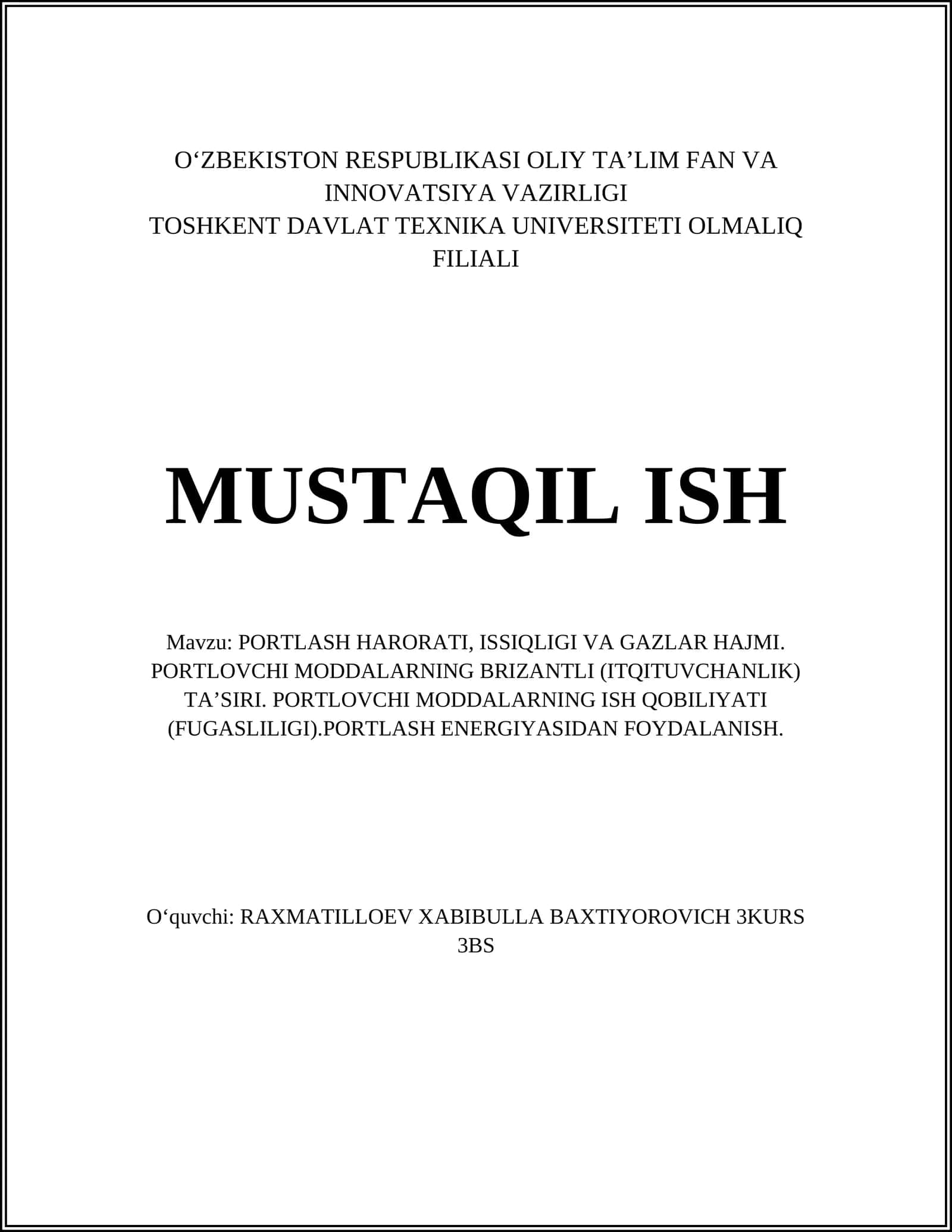 PORTLASH HARORATI, ISSIQLIGI VA GAZLAR HAJMI