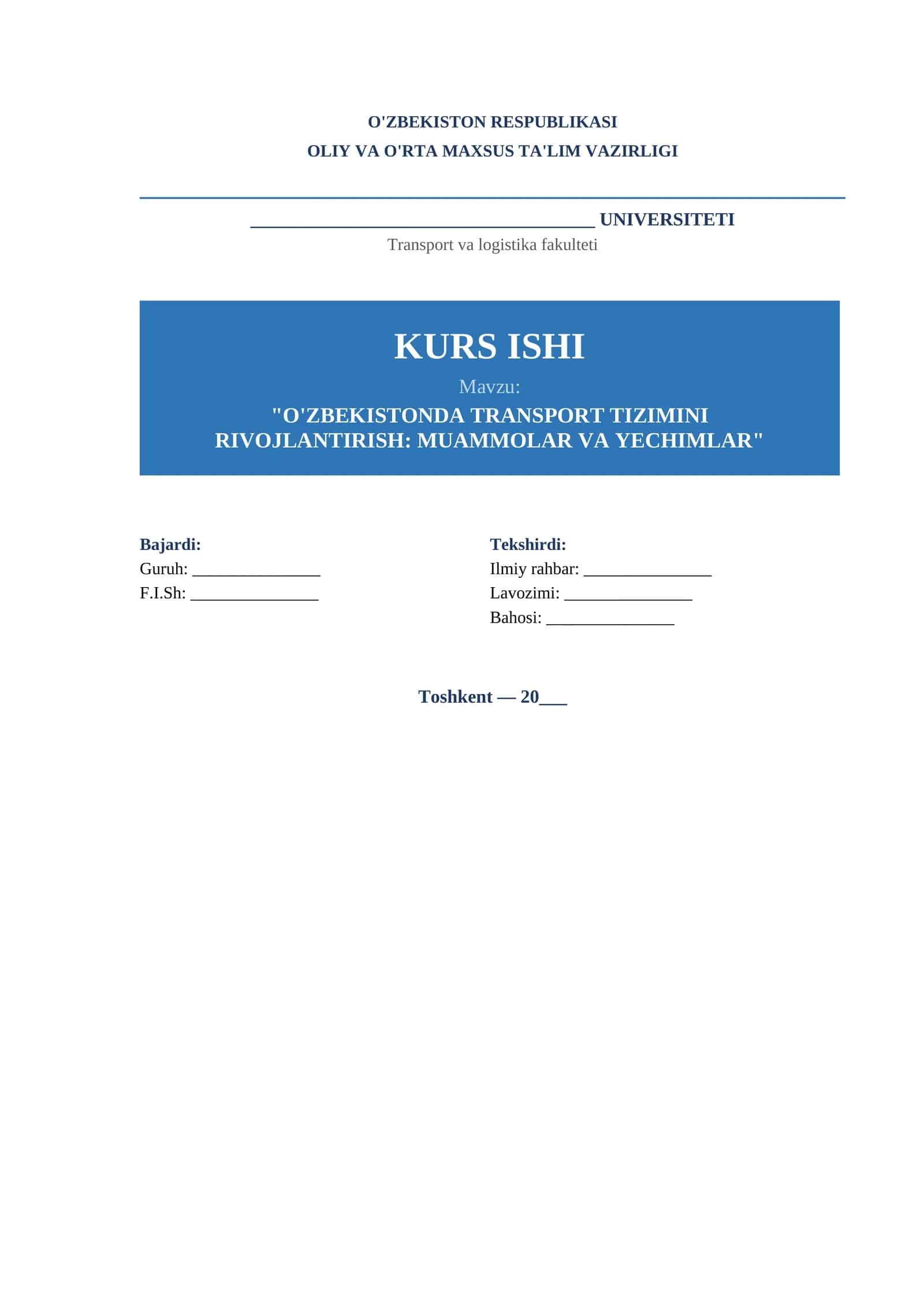 Transport Mavzusida Kurs Ishi Shabloni — Tayyor Word Format