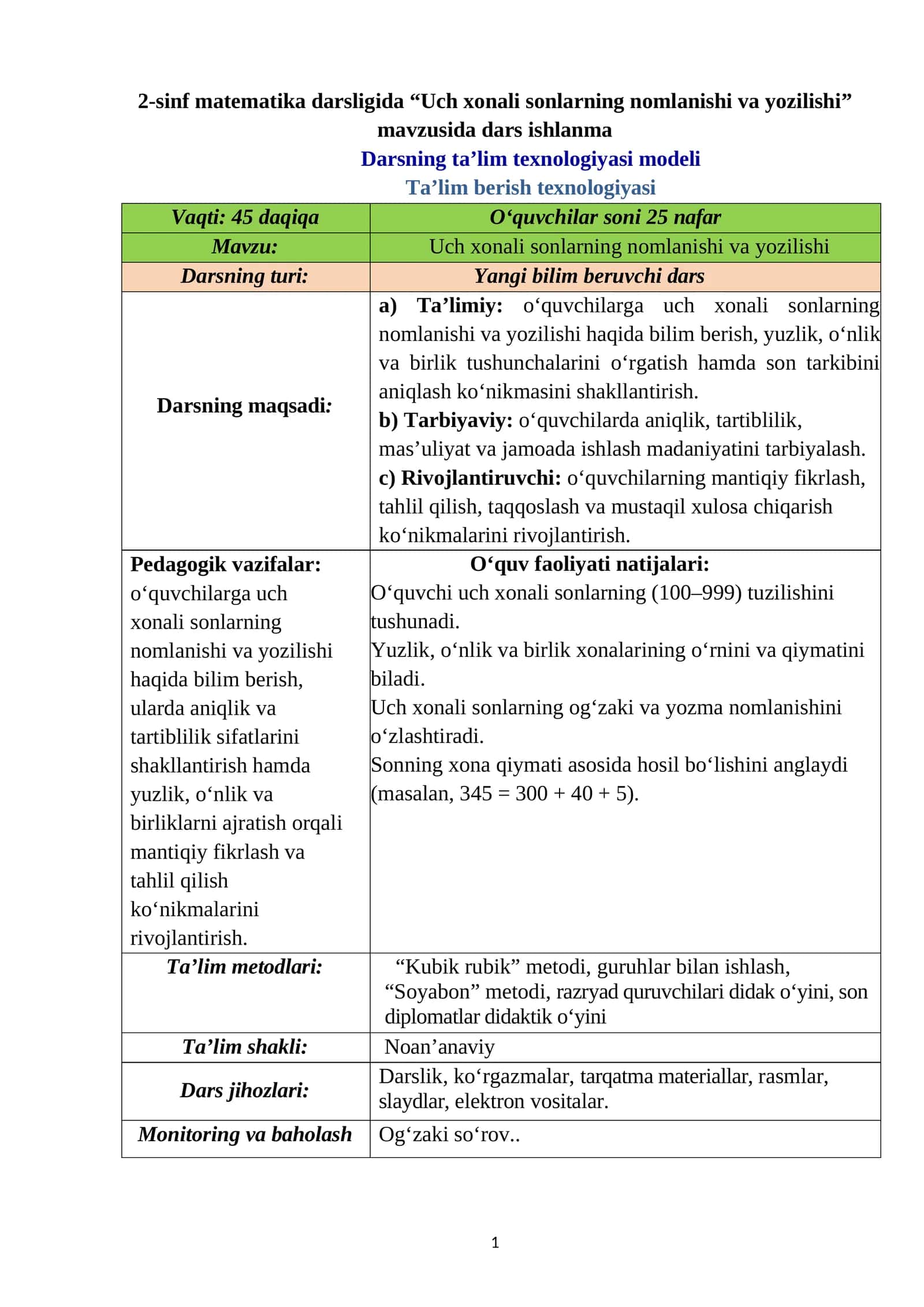 Uch xonali sonlarning nomlanishi va yozilishi