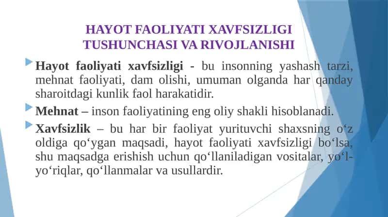 HAYOT FAOLIYATI XAVFSIZLIGITUSHUNCHASI VA RIVOJLANISHI