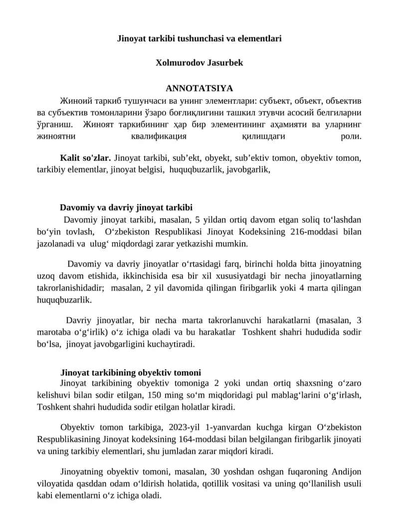 Jinoyat tarkibi tushunchasi va elementlari