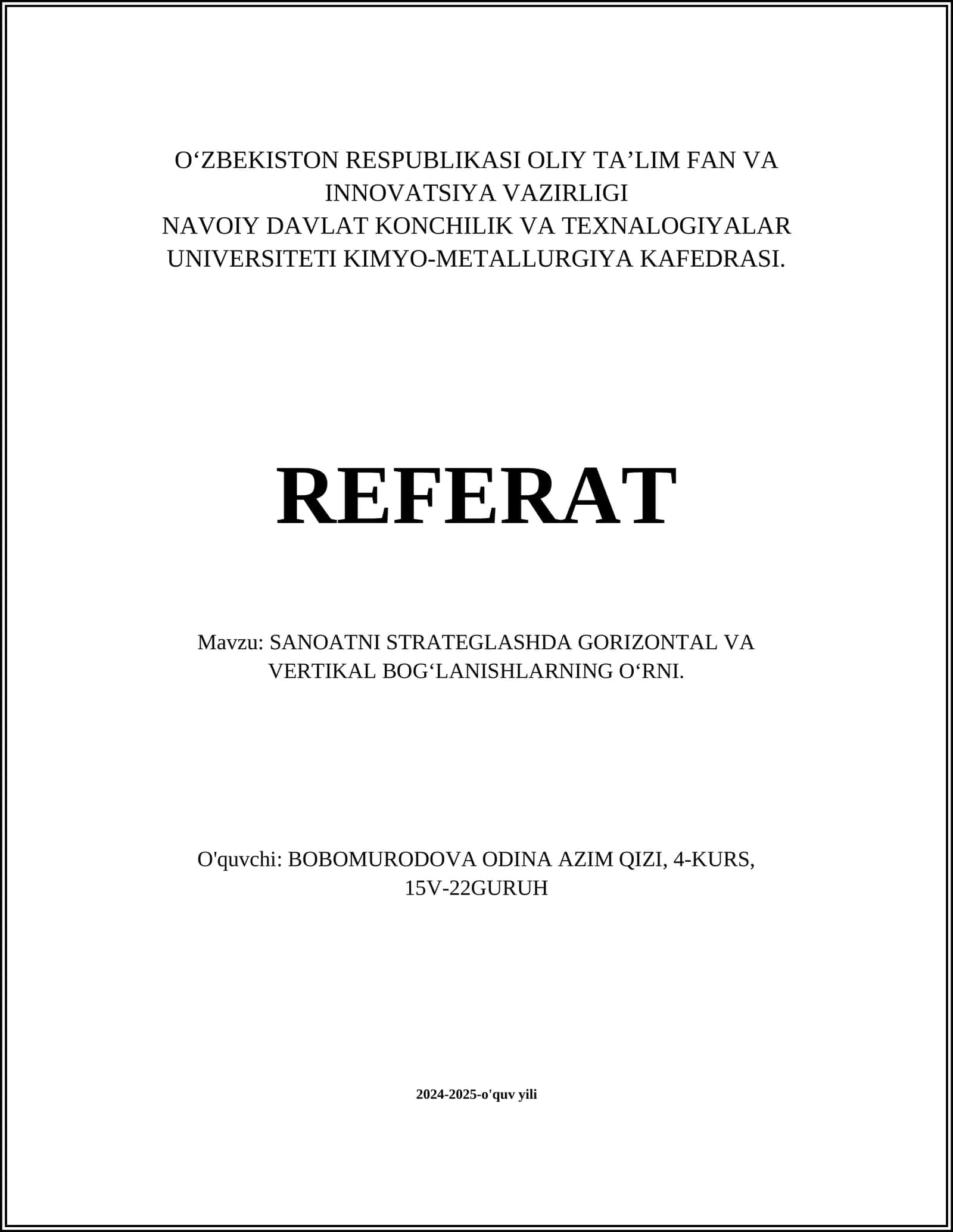 SANʼATNI STRATEGLASHDA GORIZONTAL VA VERTIKAL BOGʼLANISHLARNING OʻRNI