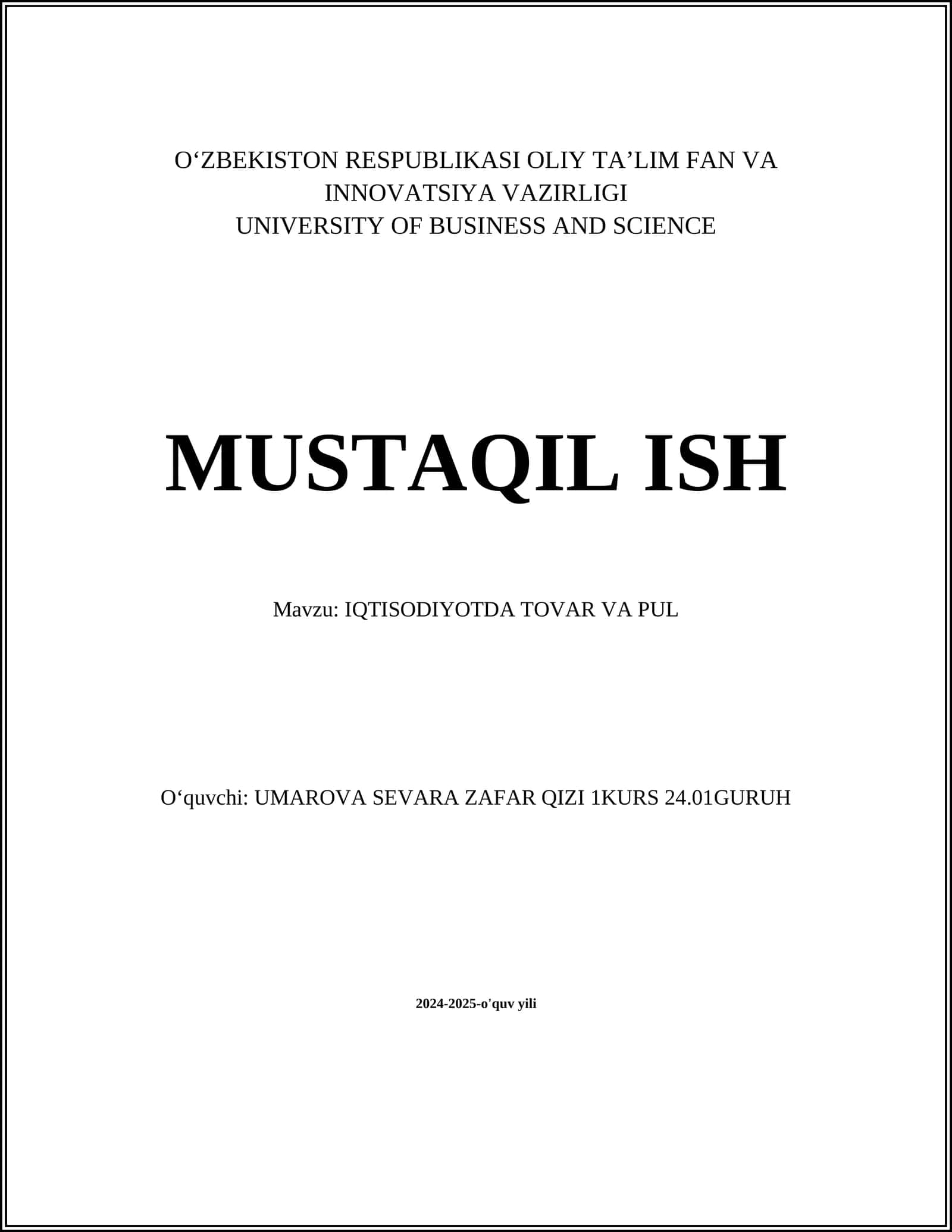 IQTISODIYOTDA TOVAR VA PUL