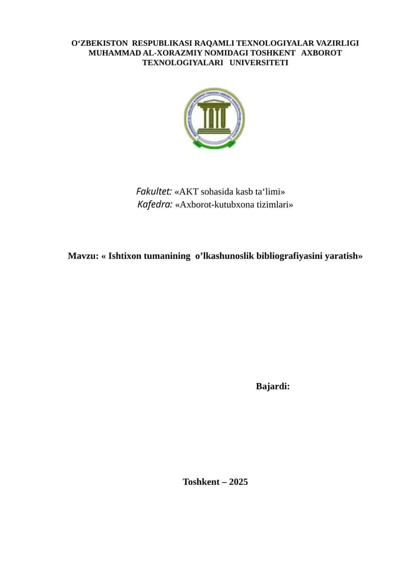 Ishtixon tumanining o’lkashunoslik bibliografiyasini yaratish