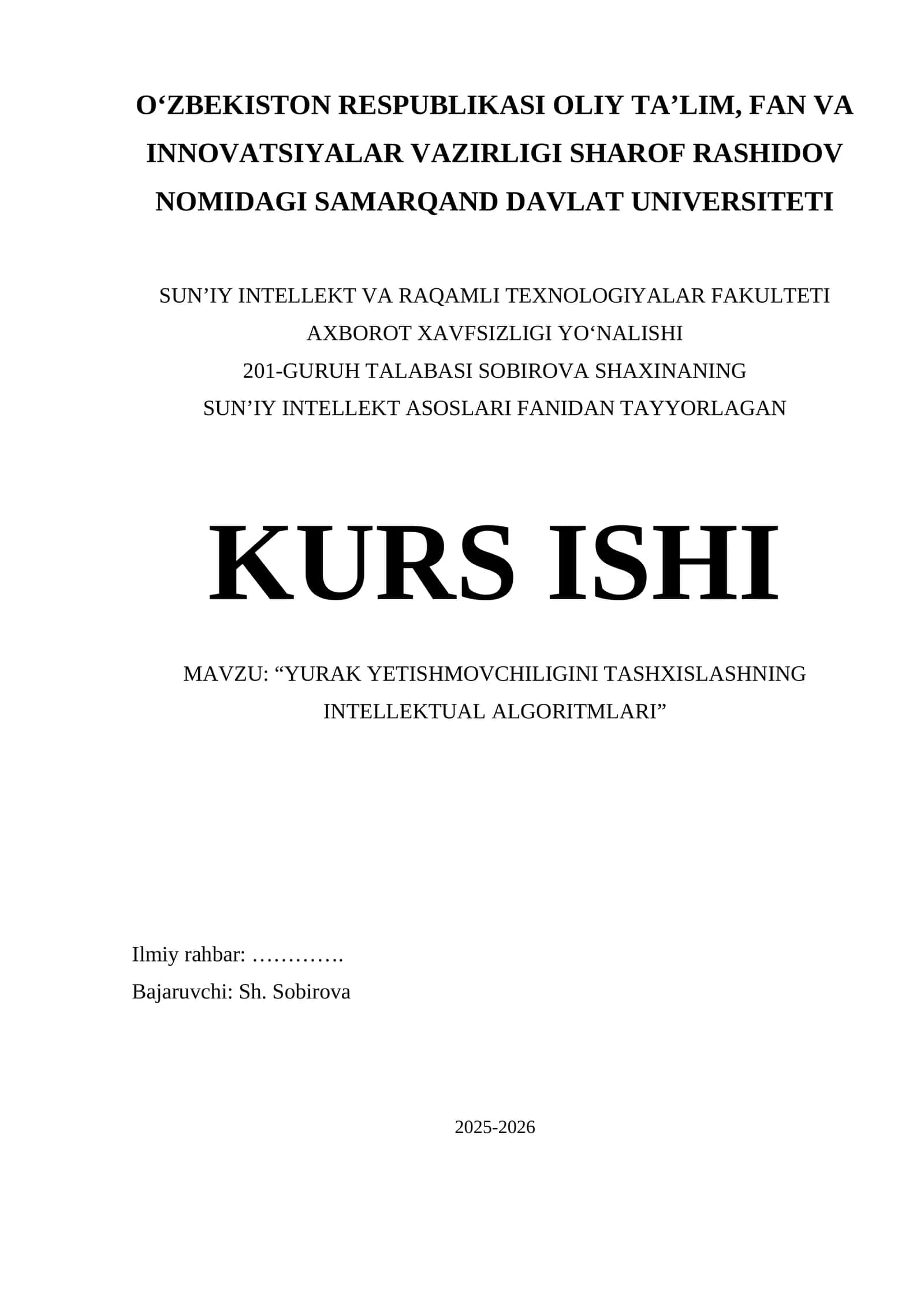“YURAK YETISHMOVCHILIGINI TASHXISLASHNING INTELLEKTUAL ALGORITMLARI”