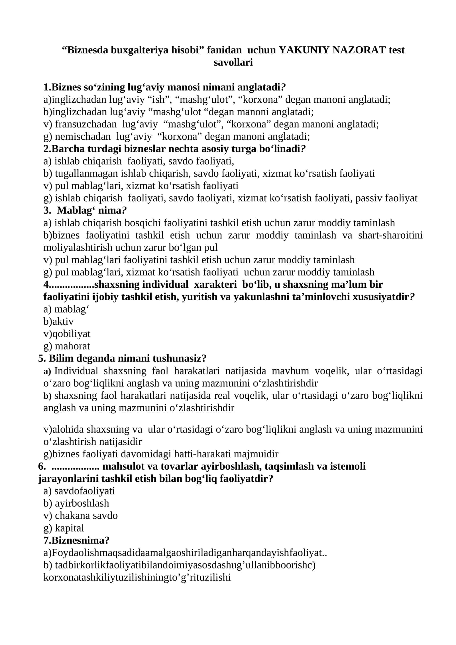 Biznesda buxgalteriya hisobi fanidan uchun YAKUNIY NAZORAT test savollar