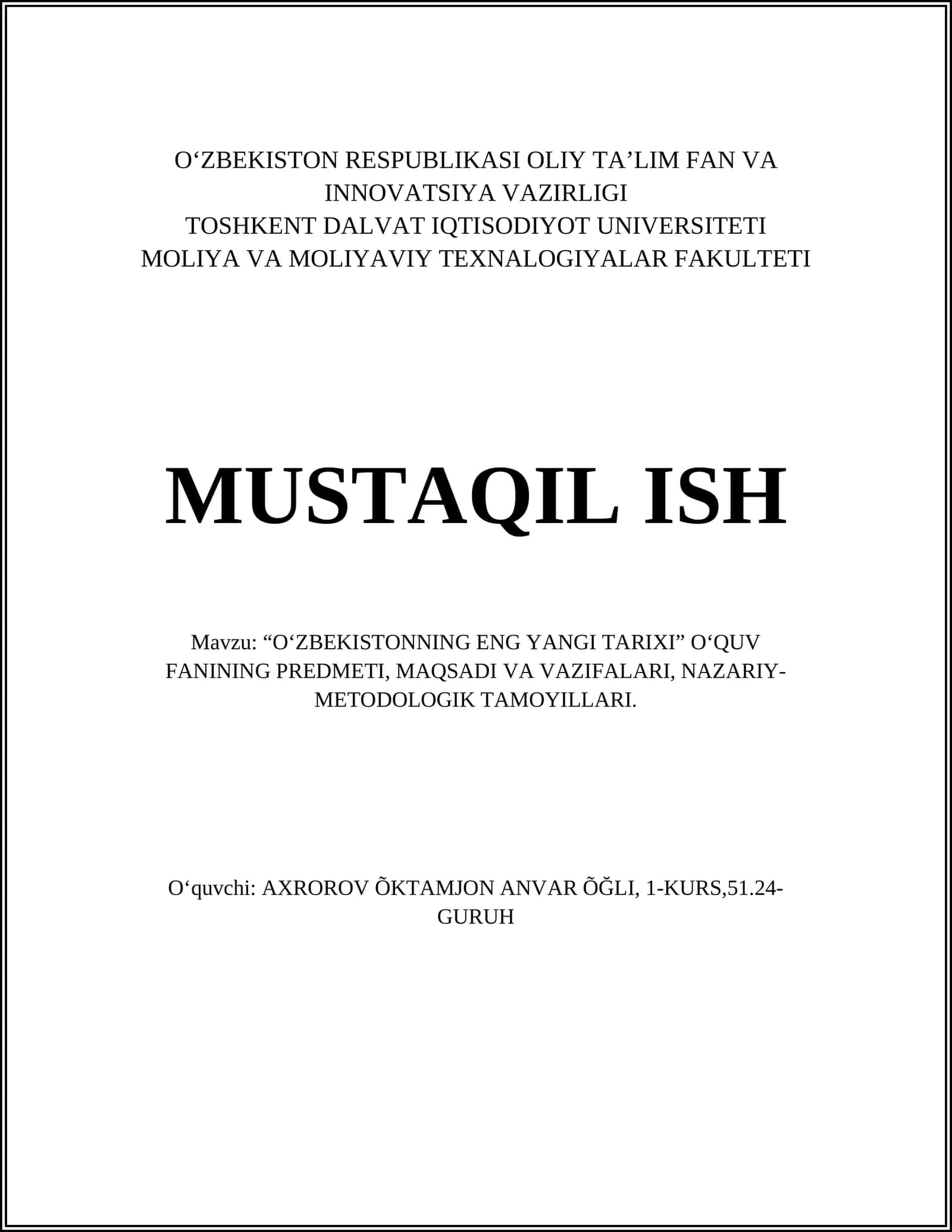 O‘zbekistonning eng yangi tarixi fani