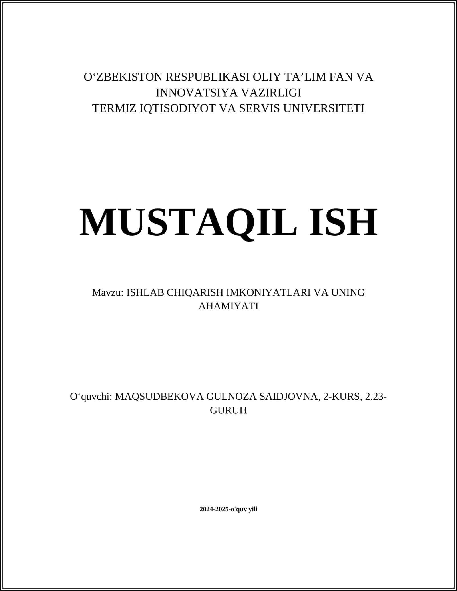 ISHLAB CHIQARISH IMKONIYATLARI VA UNING AHAMIYATI
