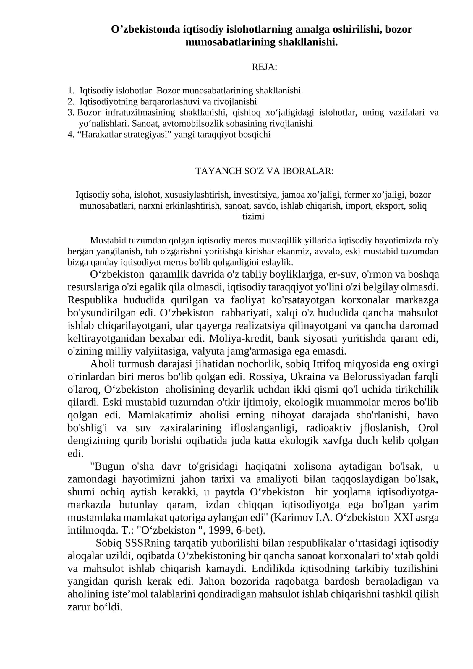 O’zbekistonda iqtisodiy islohotlarning amalga oshirilishi, bozor munosabatlarining shakllanishi