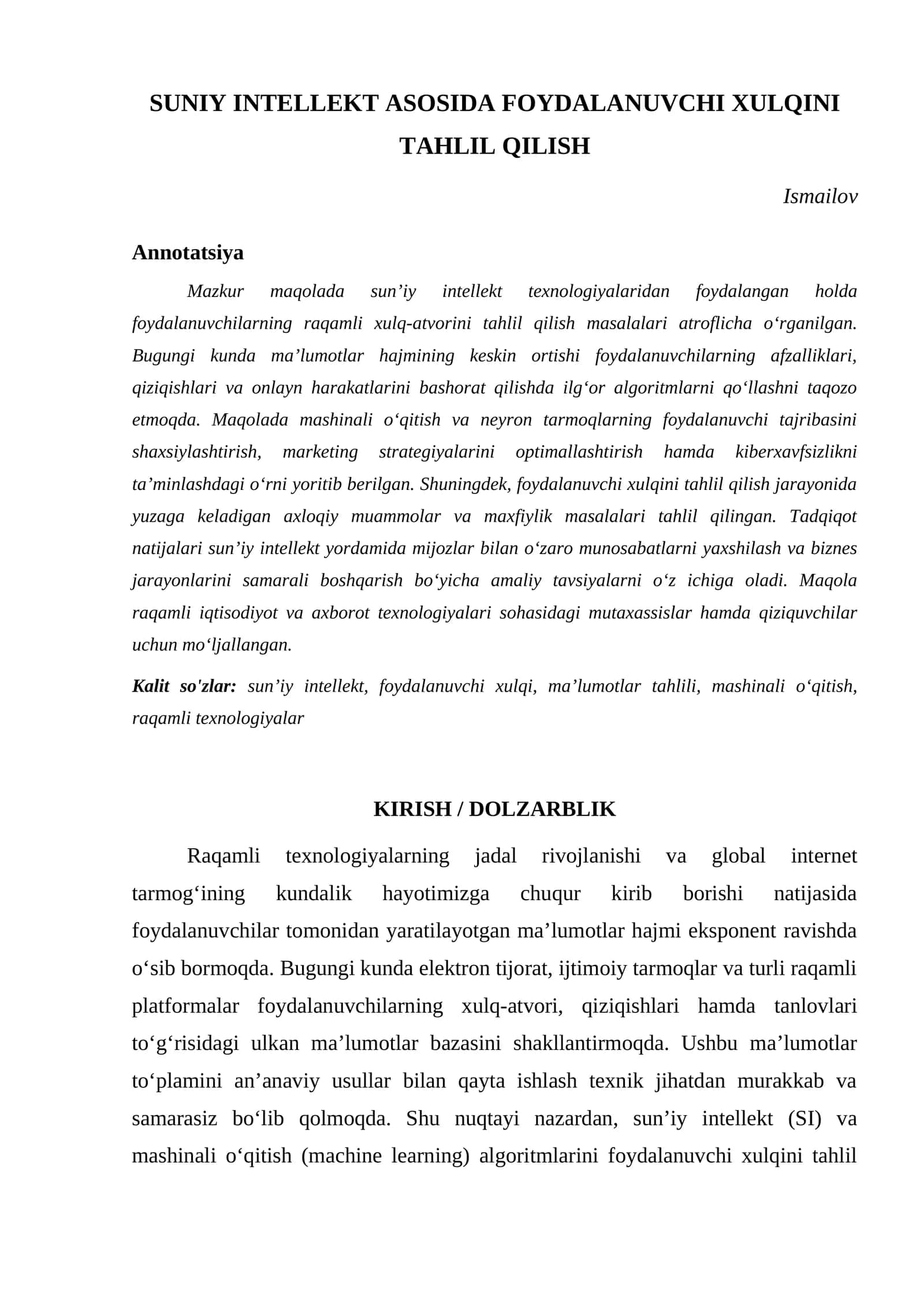 SUNIY INTELLEKT ASOSIDA FOYDALANUVCHI XULQINI TAHLIL QILISH