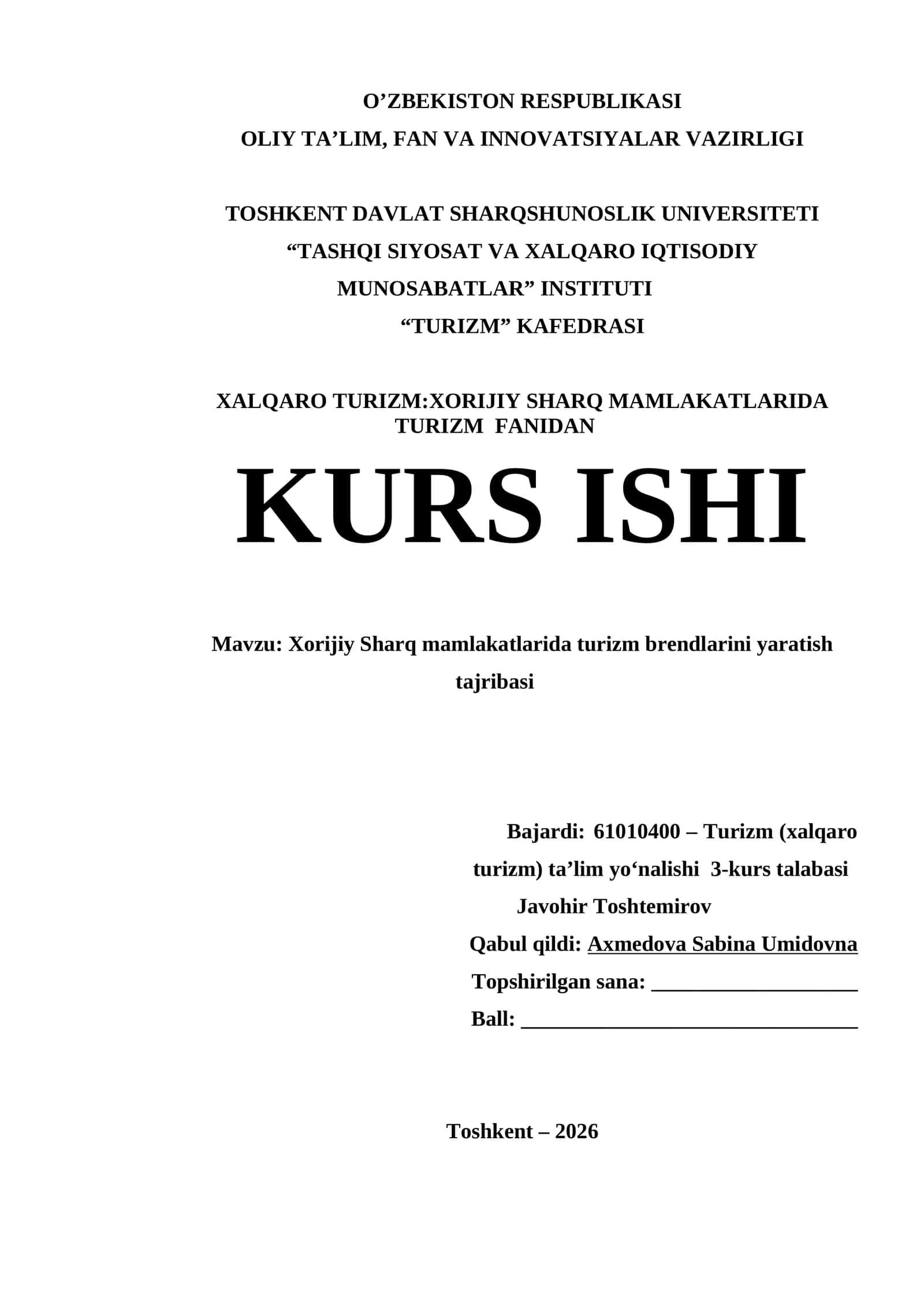 Xorijiy Sharq mamlakatlarida turizm brendlarini yaratish tajribasi