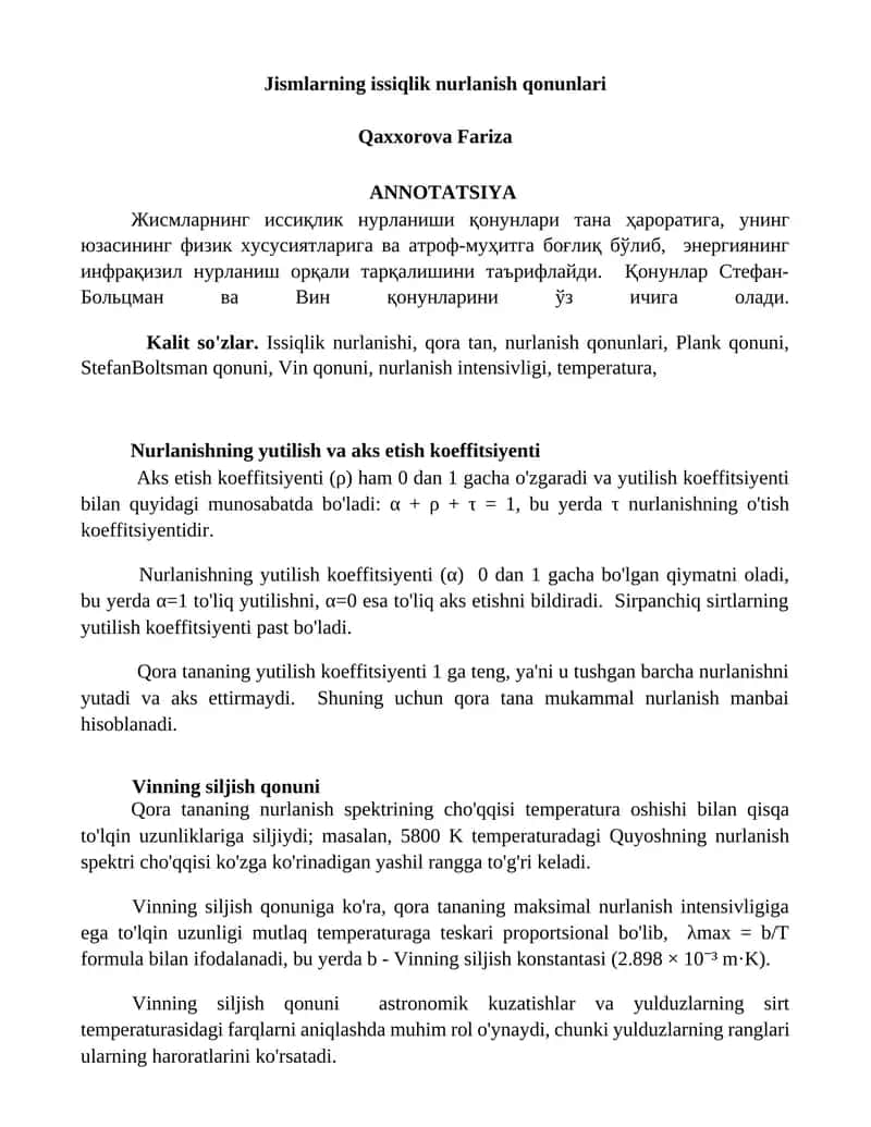 Jismlarning issiqlik nurlanish qonunlari