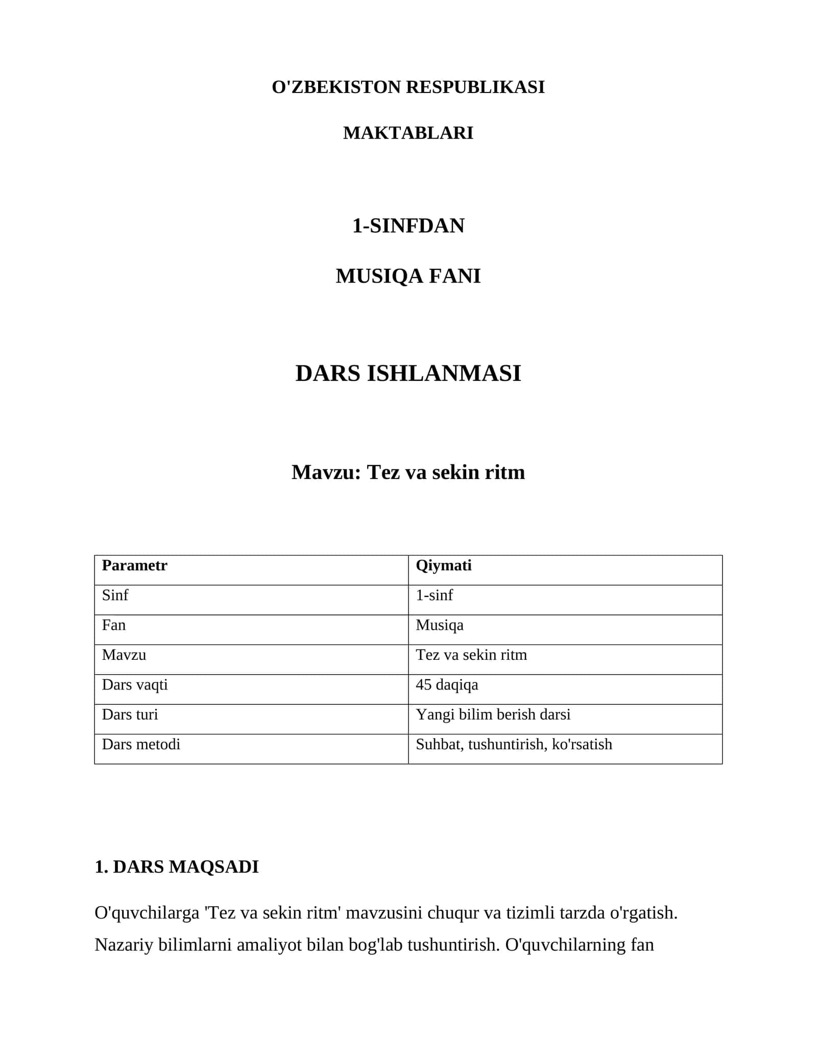 Musiqa Fani Dars Ishlanmasi