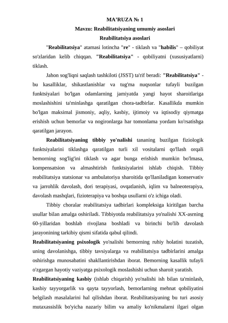 Reabilitatsiyaning umumiy asoslari